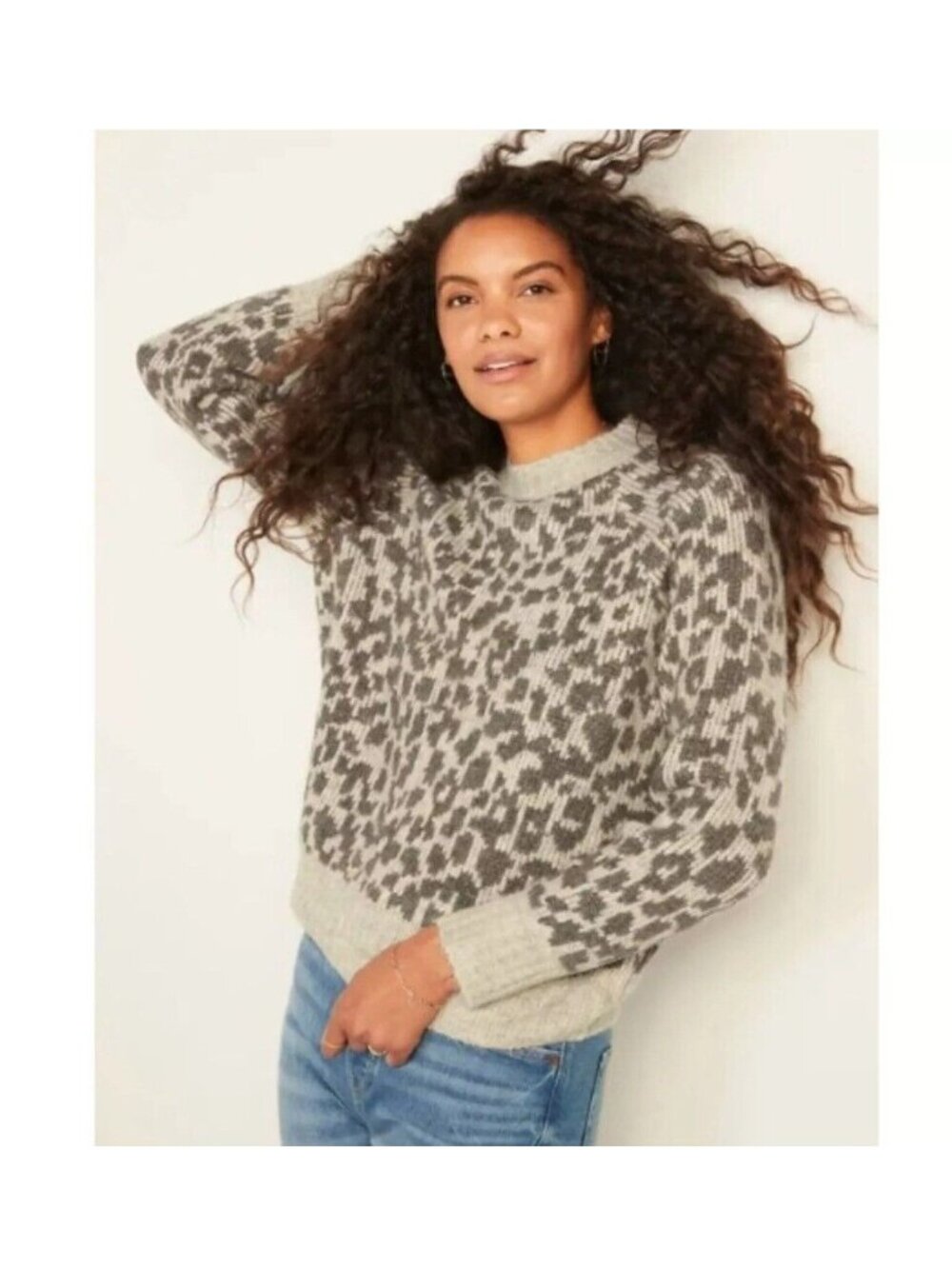 New Old Navy Women's Size 4X Cozy Knit Crew Neck Gray Cheetah Sweater Animal